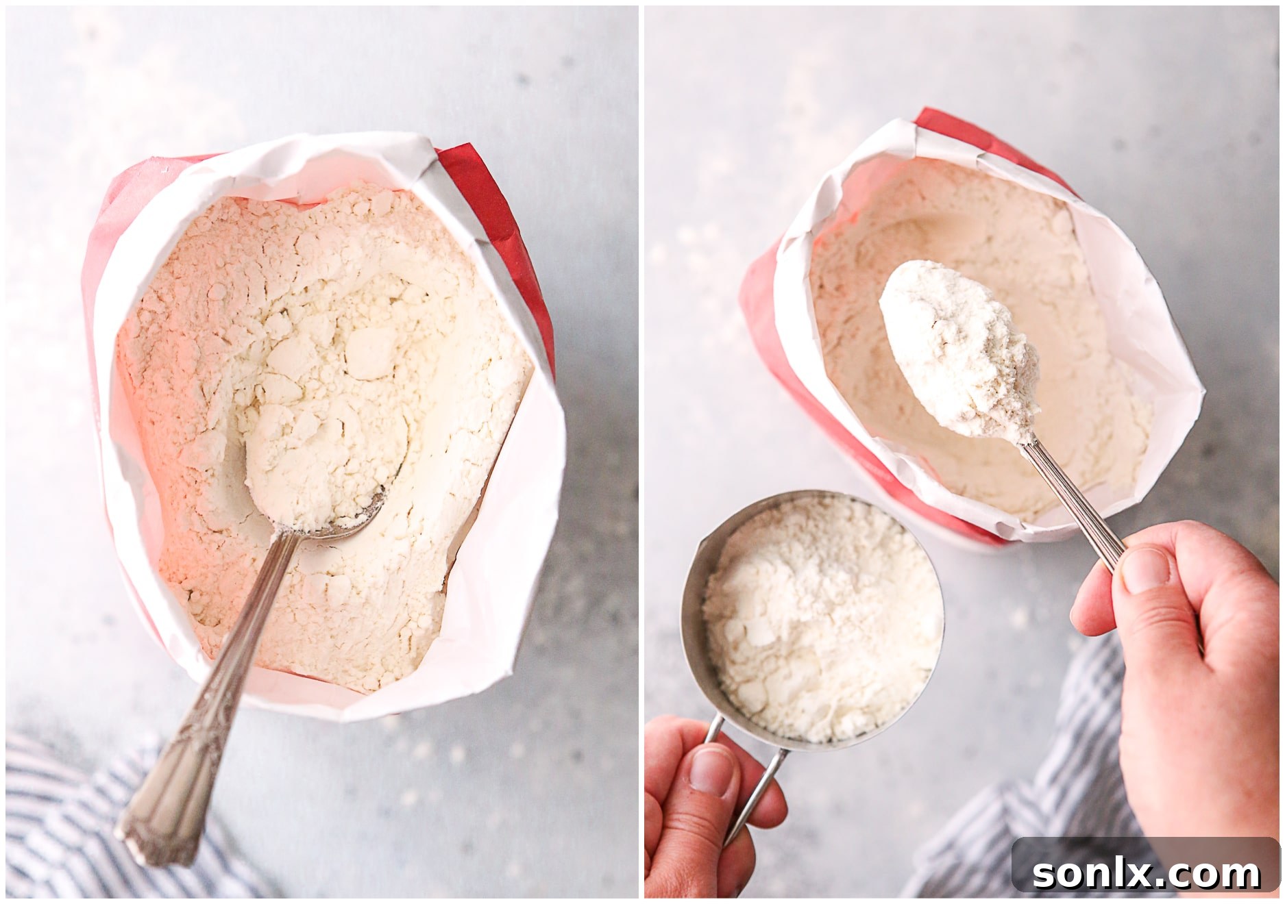 Image showing how to fluff flour using a spoon before measuring.