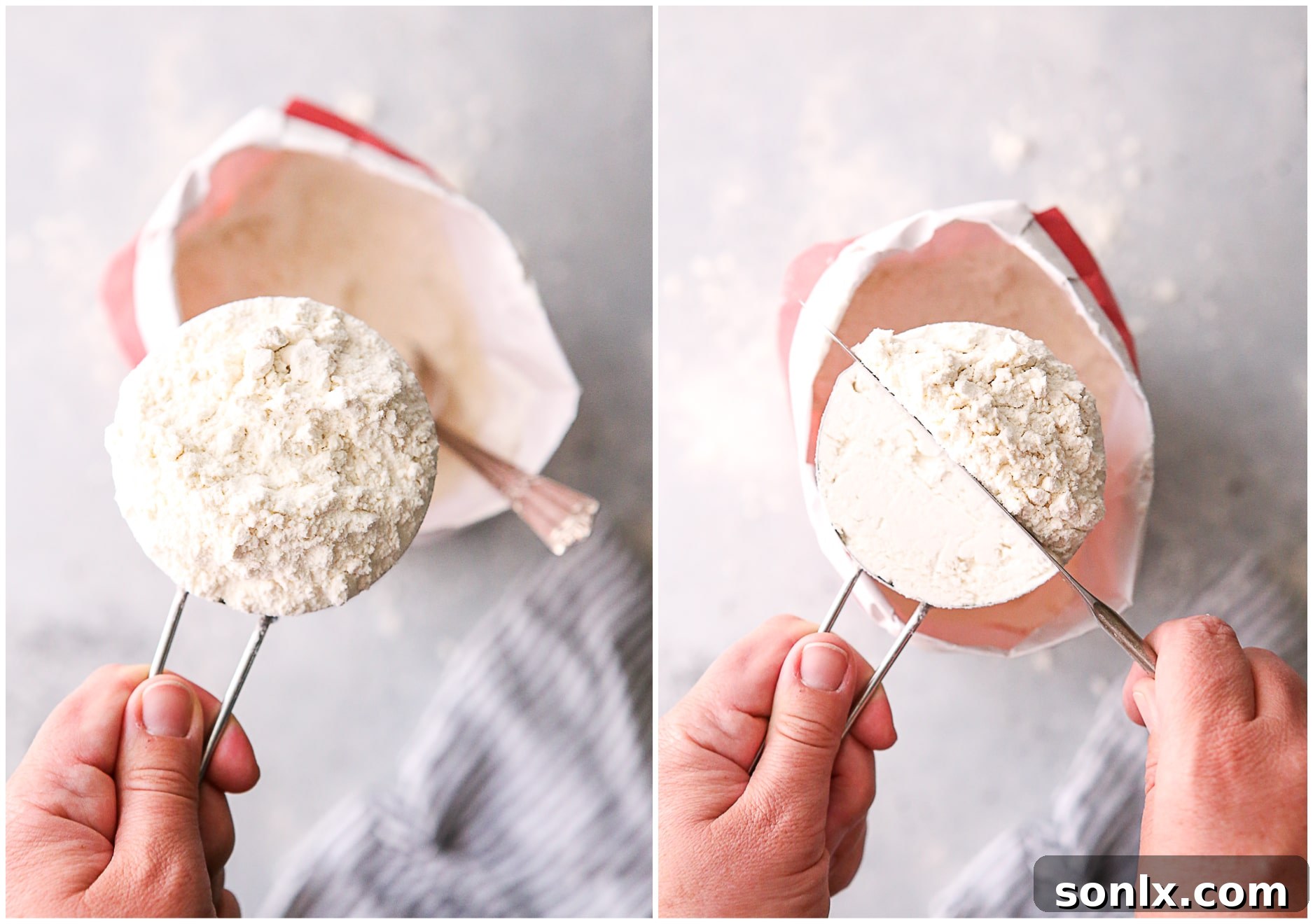 Image showing a heaping measuring cup full of flour and then leveling flour with a knife.