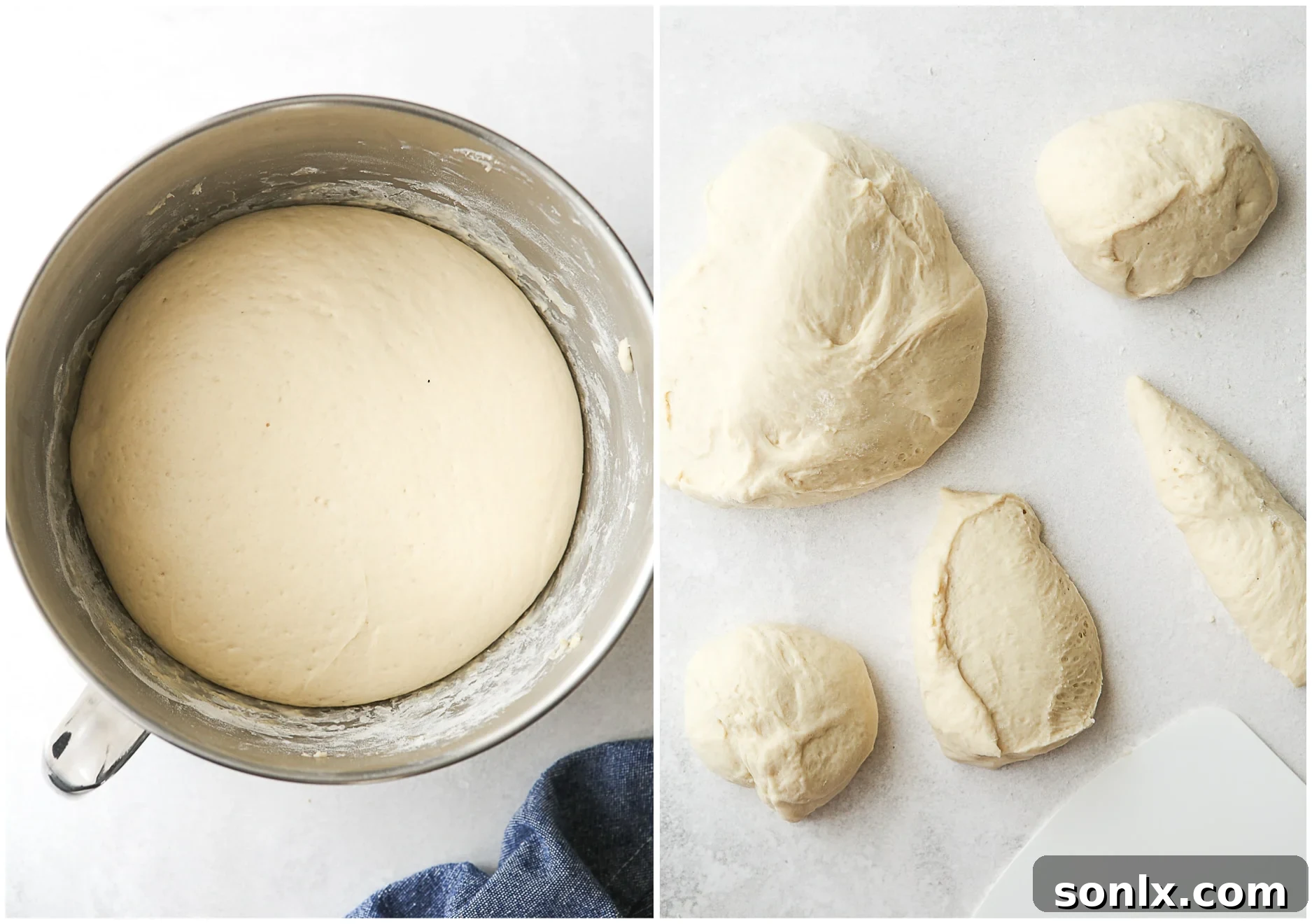 risen flatbread dough being cut into individual portions on a wooden board