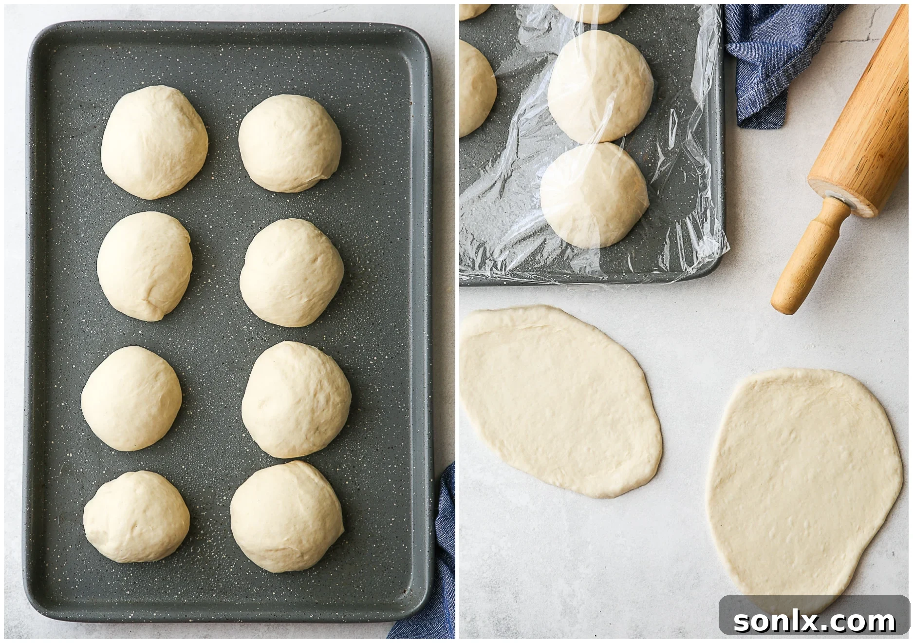 flatbread dough portions being rolled out with a rolling pin on a floured surface