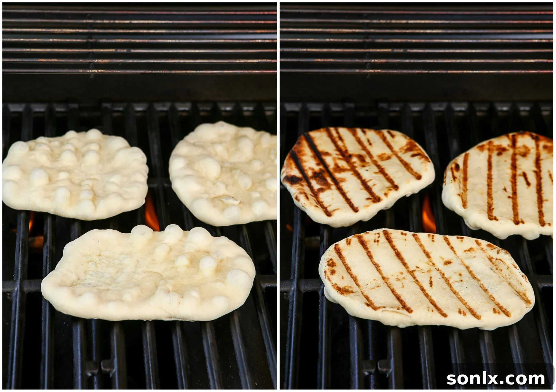 flatbread cooking on a hot grill, showing bubbling and browning