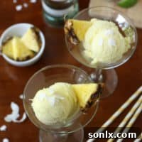 A bowl of creamy Pina Colada Sherbet garnished with a pineapple wedge and a small umbrella