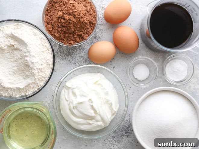 A selection of high-quality ingredients laid out for making chocolate sour cream cake