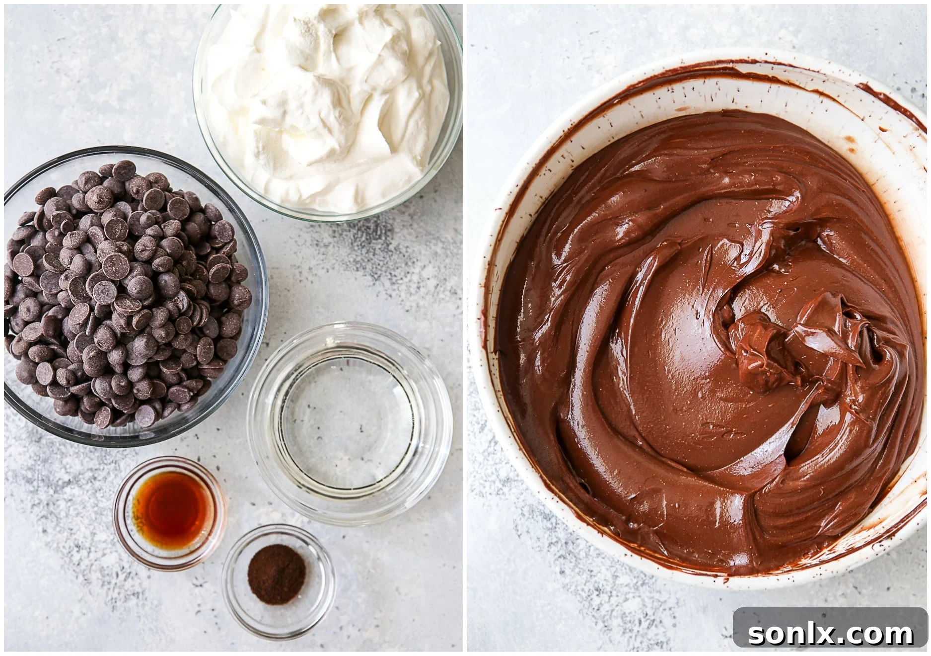 Smooth, glossy chocolate sour cream frosting being stirred in a bowl