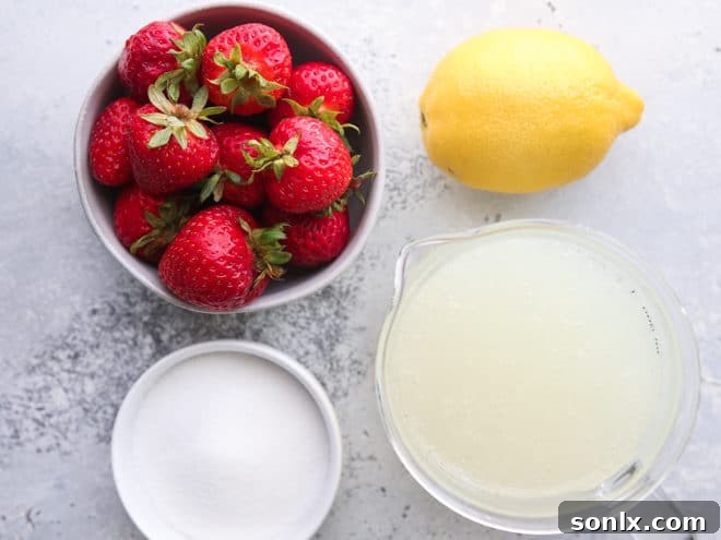 Ingredients laid out for making the easiest strawberry lemonade, including fresh strawberries, granulated sugar, store-bought lemonade, and a lemon.