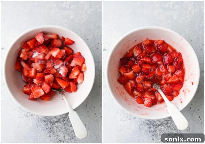 Close-up of chopped strawberries mixed with granulated sugar, macerating in a bowl to release their juices for strawberry lemonade.