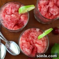 Beautiful Cherry Limeade Granita in a serving bowl, ready to enjoy