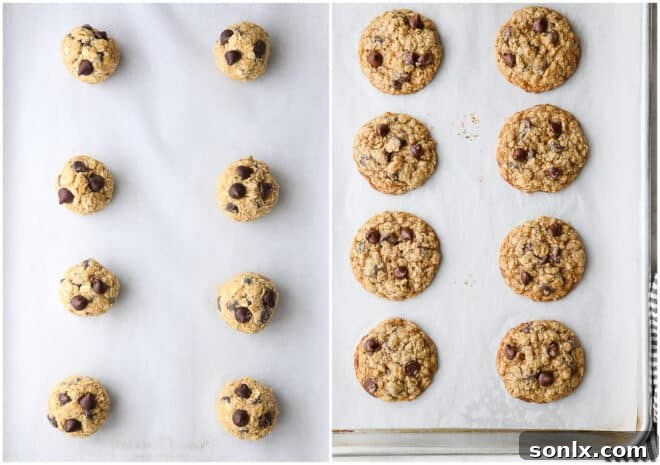 A comparison of chocolate chip oatmeal cookie dough balls before baking and perfectly baked cookies fresh out of the oven.