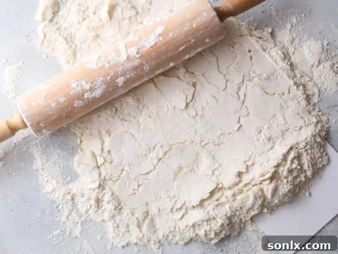 Close-up of dough mixture on a work surface, showing distinct, thin sheets of butter blended with flour, indicating optimal flakiness.