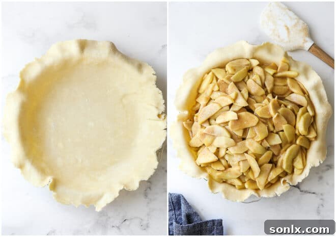 filling pie crust with apple pie filling