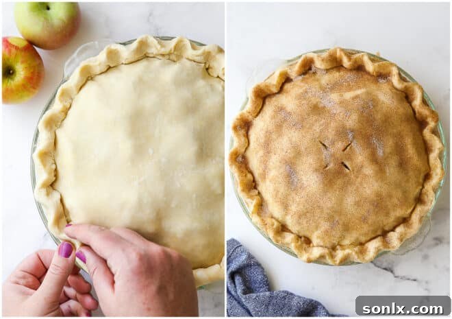 crimping pie crust, dusted with cinnamon sugar