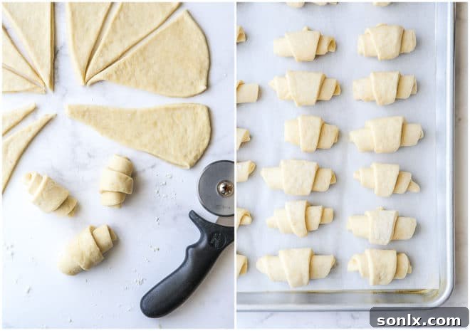 cutting, rolling and putting crescent rolls on a sheet pan for baking