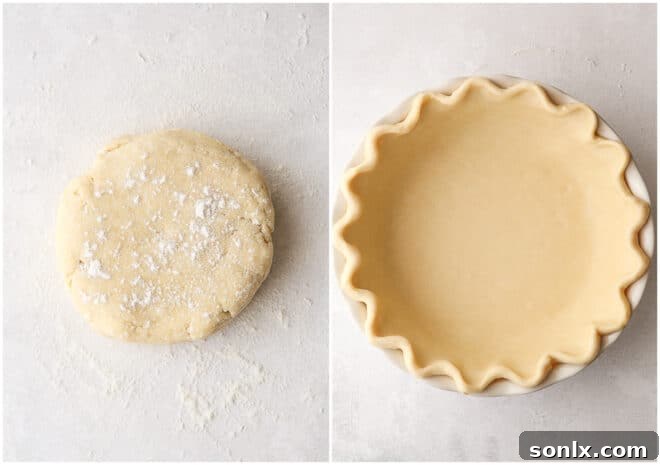 pie crust dough being pressed into a pie pan