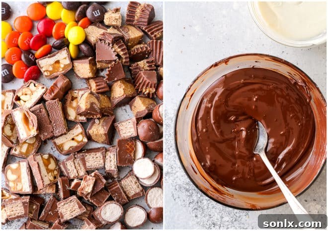 Close-up of chopped candy bars and rich melted chocolate, ready for bark assembly