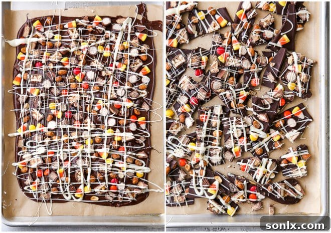 Finished Halloween candy bark, broken into irregular pieces for a rustic charm