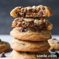 The best brown butter chocolate chip cookies! A beautifully baked cookie on a light background.