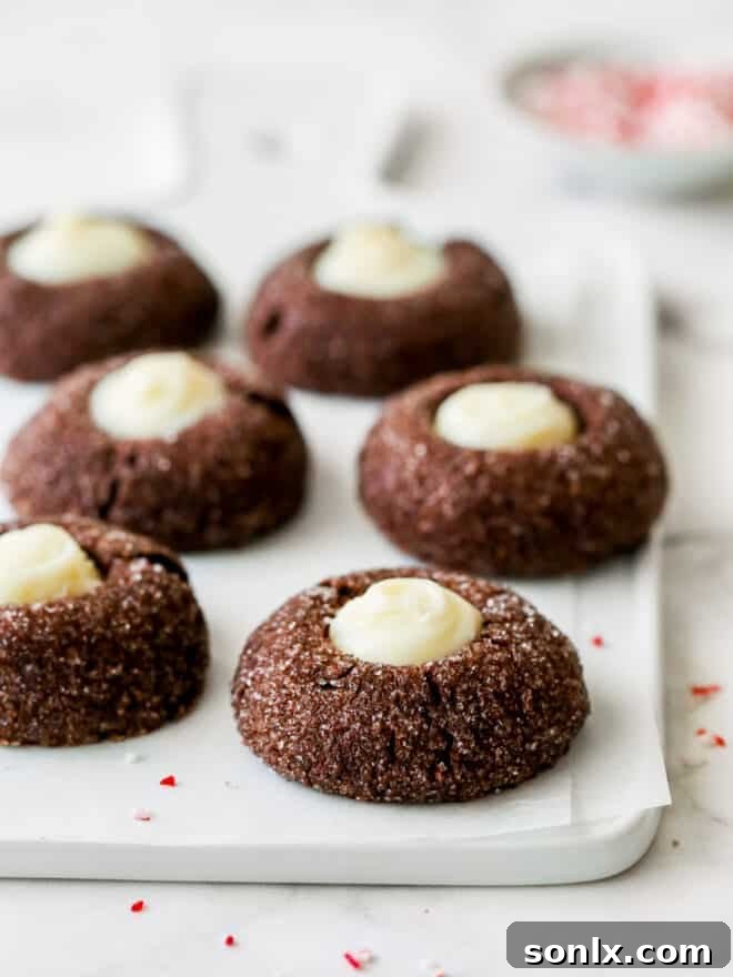 Exquisite chocolate mint thumbprint cookies on a festive platter, perfect for holiday gatherings