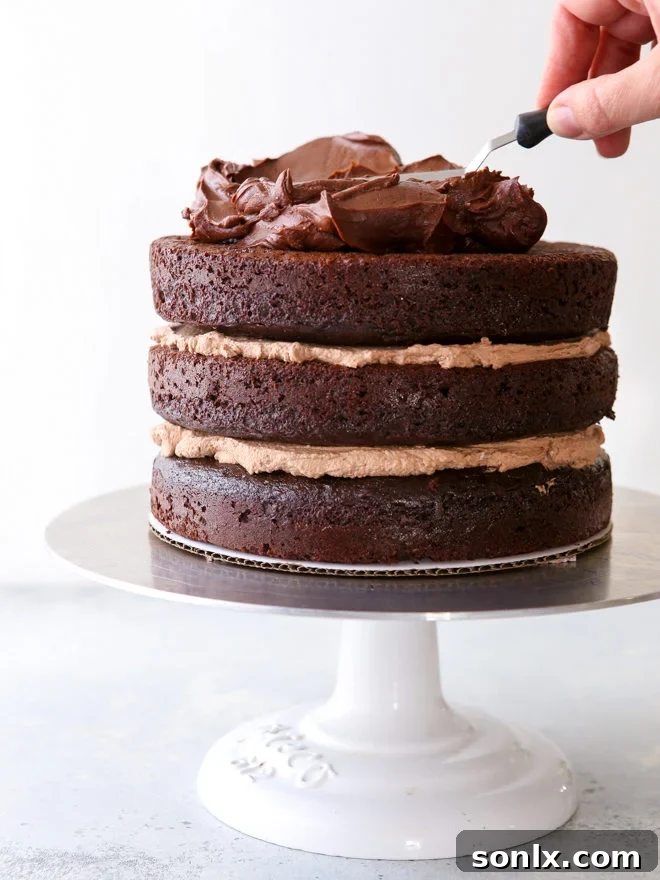Frosting the chocolate sour cream cake