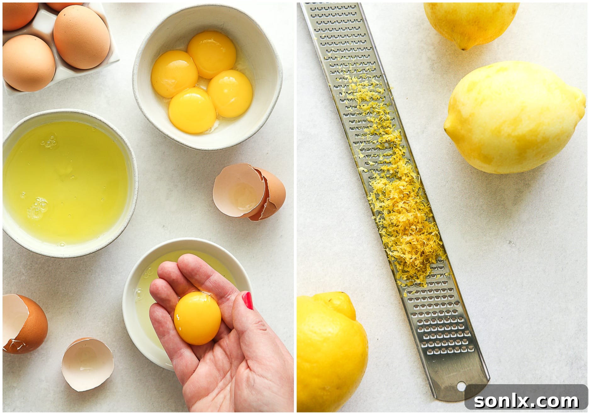 A visual guide showing the initial baking steps: carefully separating eggs into bowls and finely zesting fresh lemons to capture their aromatic oils.