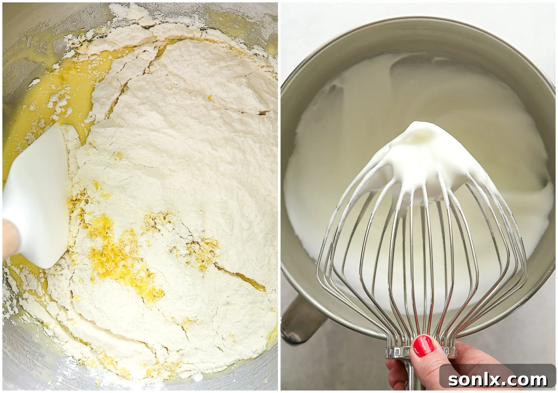 A two-part image illustrating gentle folding techniques: dry ingredients being incorporated into the wet batter, and the preparation of perfectly whipped egg whites for folding.