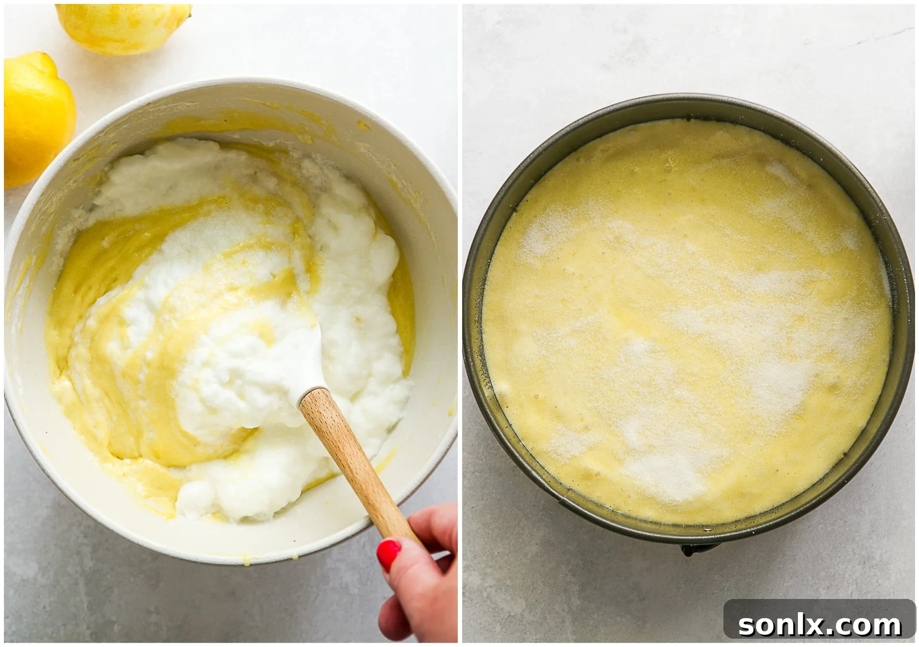 Two key baking steps: gently folding whipped egg whites into the cake batter to maintain lightness, followed by the prepared batter spread evenly in a springform pan, ready for baking.