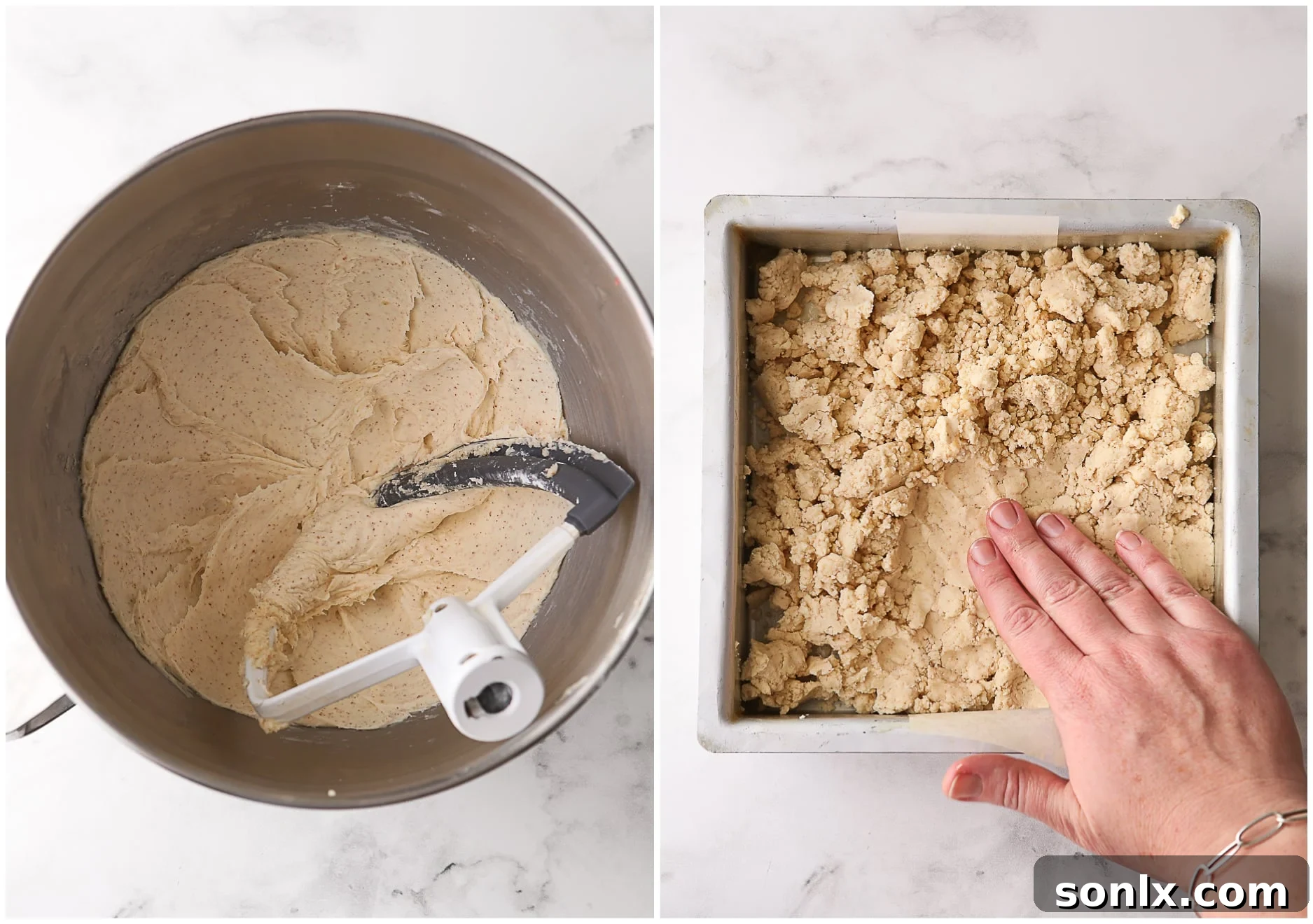 making brown butter shortbread dough and pressing it into pan, showing the rich color of the dough