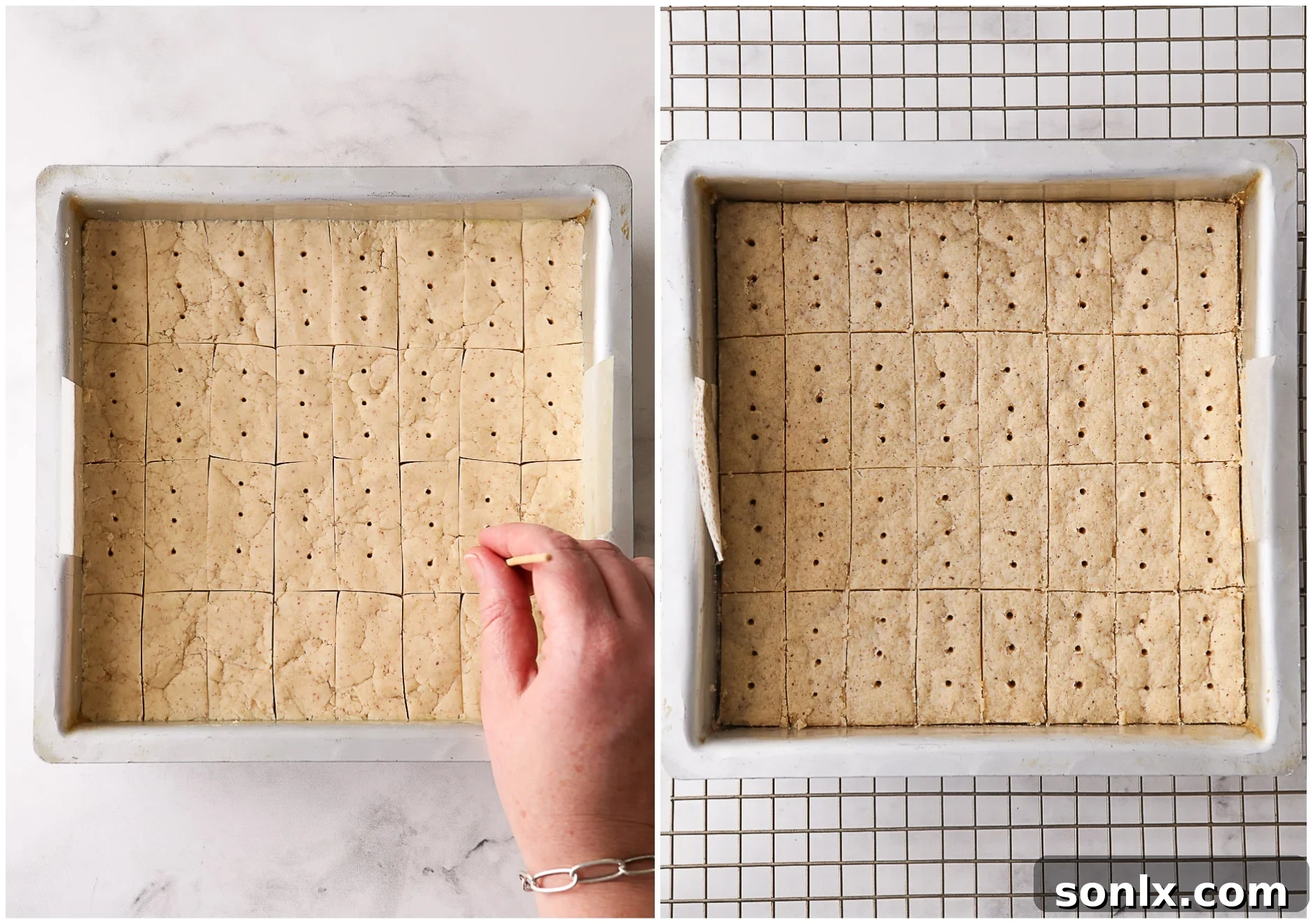 brown butter shortbread before and after baking, illustrating the color change and the docking marks