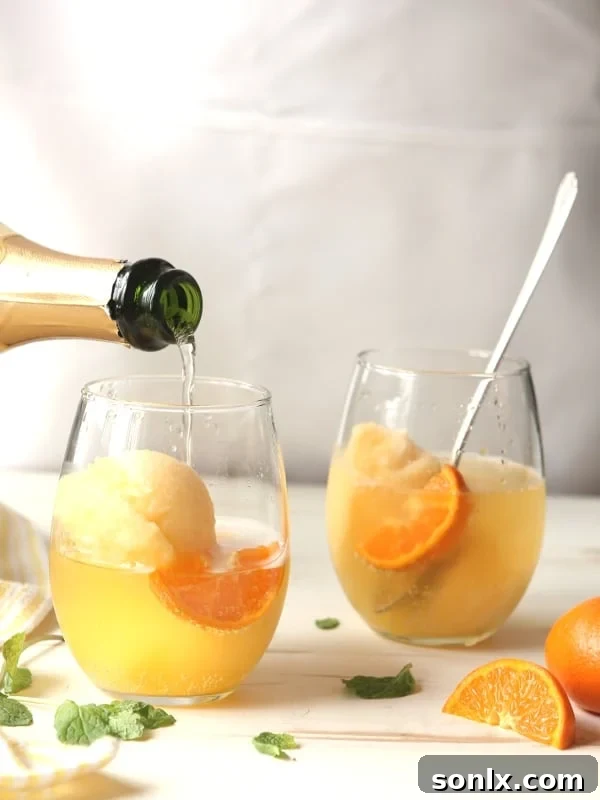 Sparkling Tangerine Sorbet Floats 4 Serving elegant Tangerine Sorbet Champagne Floats in flutes, garnished with fresh tangerine slices for a festive touch.