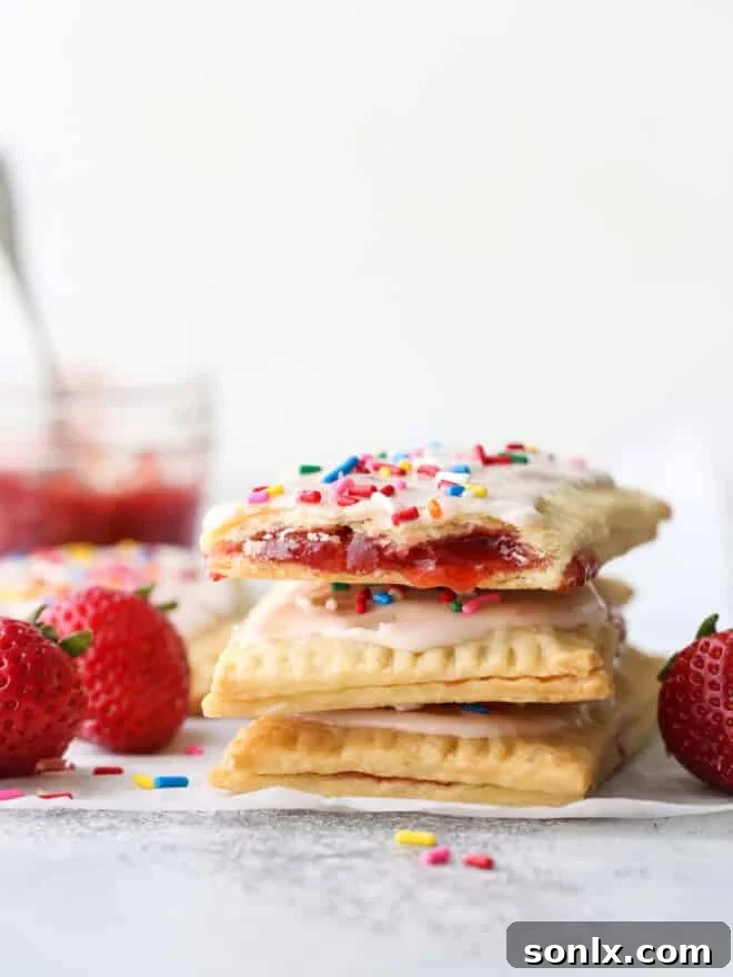 Artisan Strawberry Toaster Pastries 2 A stack of golden brown homemade strawberry pop tarts with white glaze and sprinkles