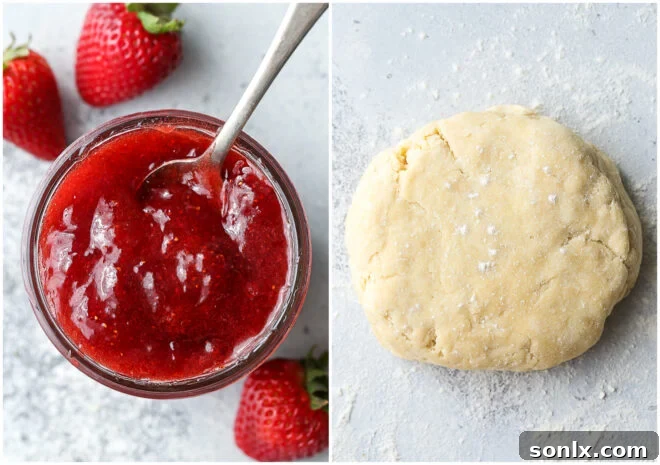 Artisan Strawberry Toaster Pastries 4 A bowl of fresh homemade strawberry preserves next to a disk of raw pie crust dough on a floured surface