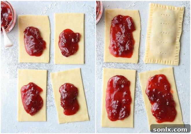 Artisan Strawberry Toaster Pastries 5 Hands filling raw strawberry pop tarts with preserves on a baking sheet before sealing