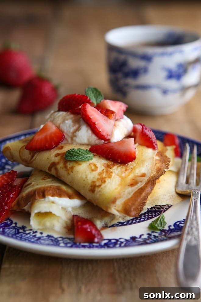 A simple but elegant brunch - crepes with balsamic strawberries and mascarpone cream