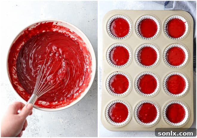 red velvet cupcakes ready for the oven