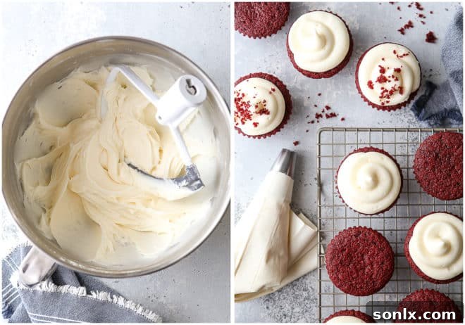 Frosting classic red velvet cupcakes with cream cheese frosting