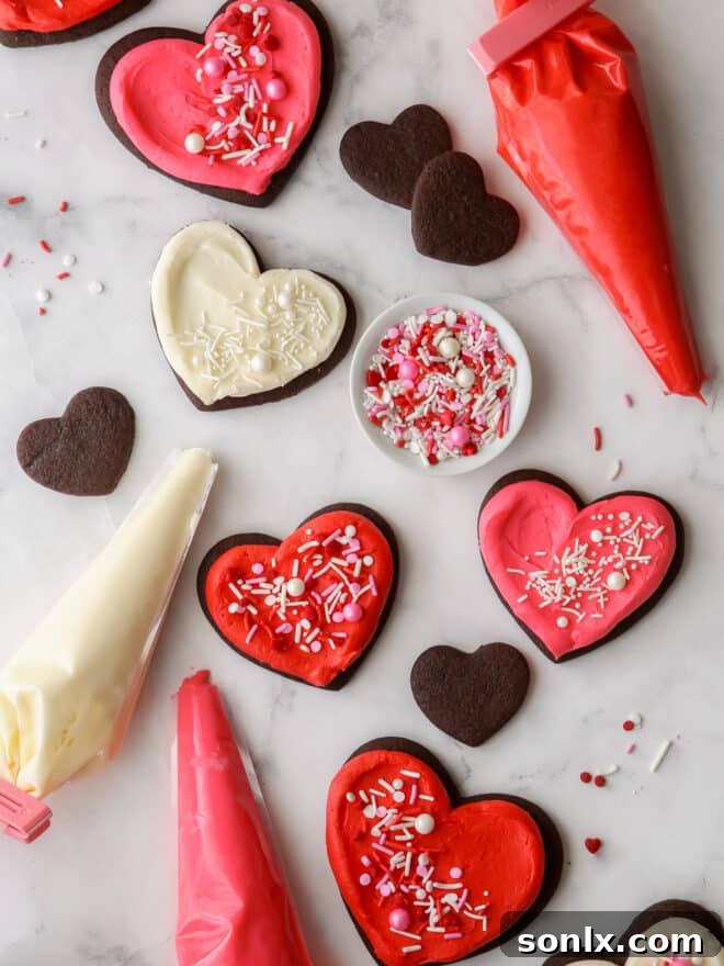 Frosted chocolate sugar cookies with piping bags and sprinkles