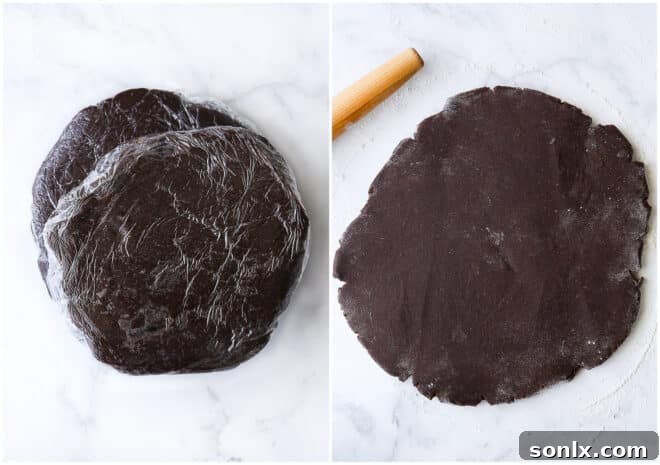 Rolling out chocolate sugar cookie dough