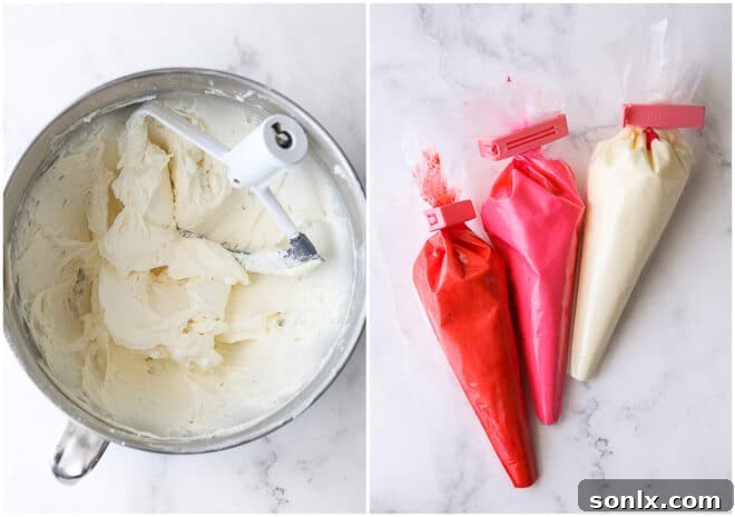 Vanilla buttercream frosting in bowl and in piping bags
