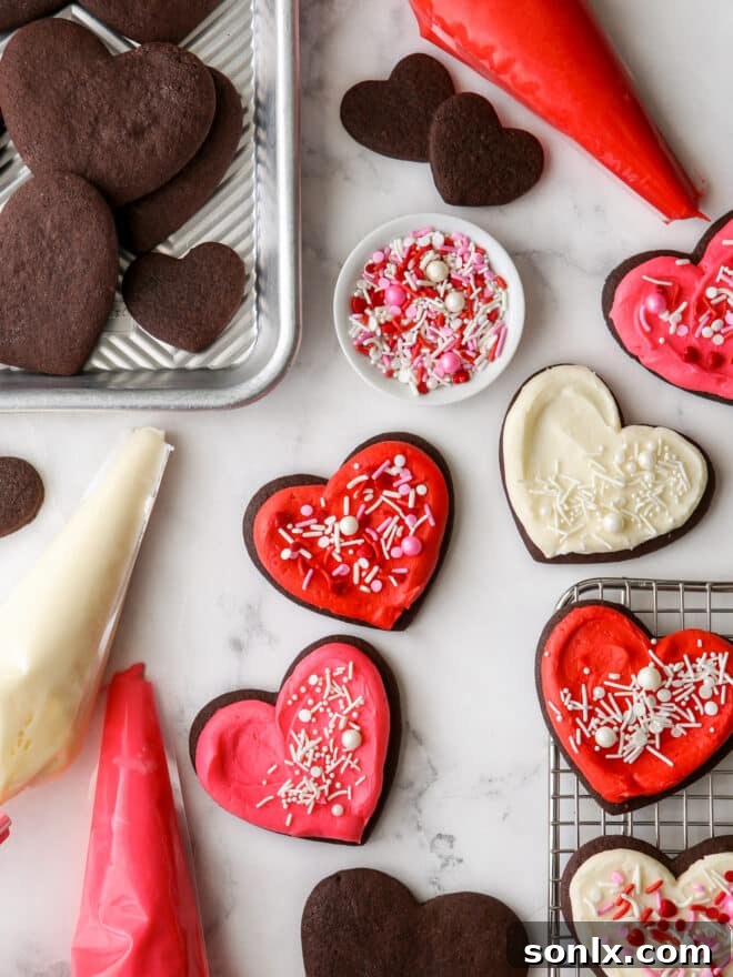 Frosted chocolate sugar cookies beautifully decorated with sprinkles