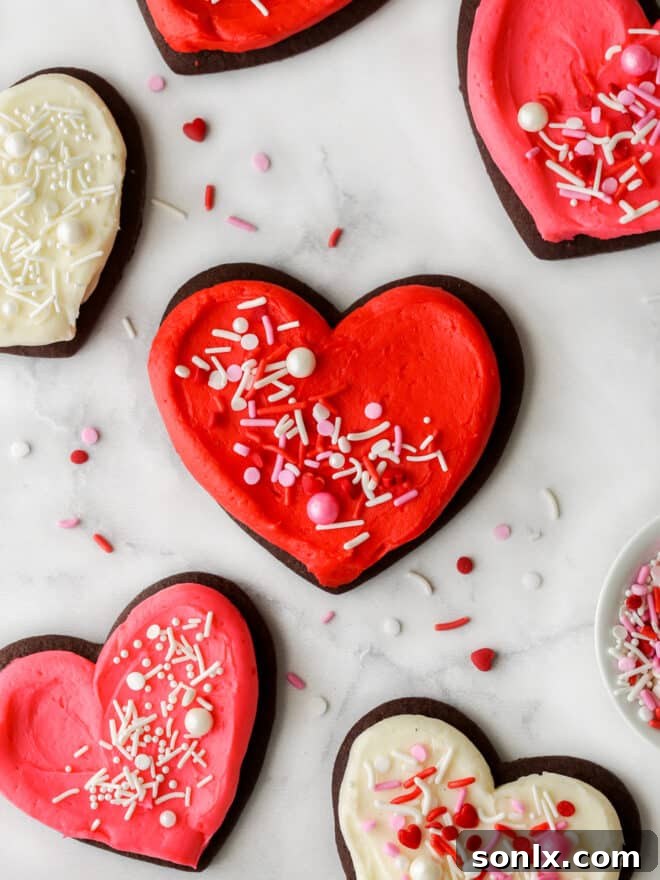 Beautifully frosted chocolate sugar cookies arranged