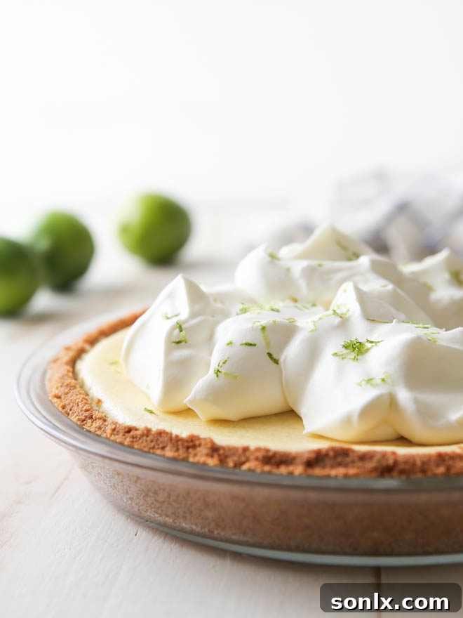 A light and creamy tequila lime pie with a golden macadamia nut cookie crust, garnished with fresh lime slices and a sprinkle of macadamia nuts.
