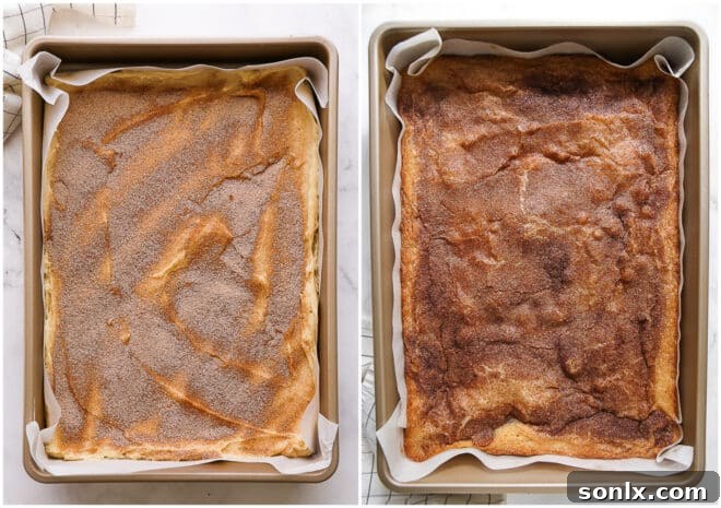 A visual comparison of cinnamon gooey bars before and after baking, showing the transformative process to a golden brown, perfectly set dessert.