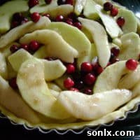 Homemade Apple Pear Cranberry Crumble Tart with a golden brown crust and crumble topping