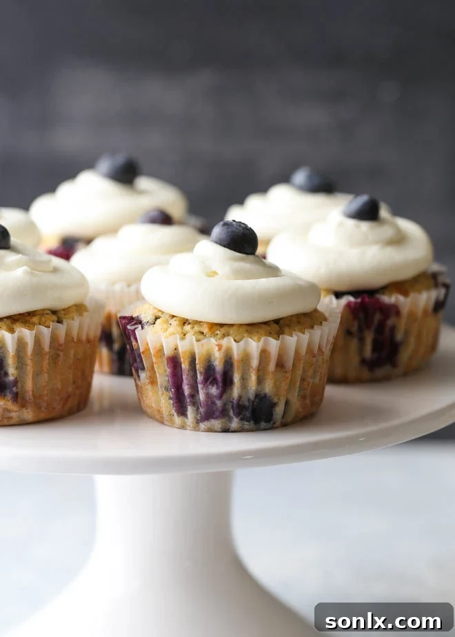 Light and fluffy blueberry muffin cupcakes topped with generous swirls of zesty lemon cream cheese frosting, perfect for any occasion.