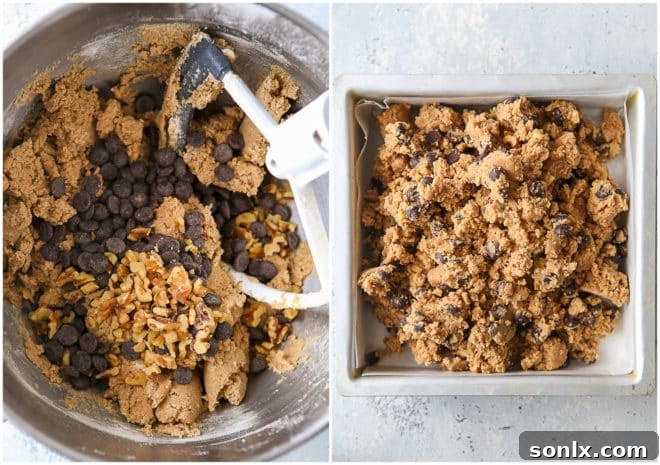 Cookie bar dough in a mixing bowl and pressed into a baking pan, ready for the oven.