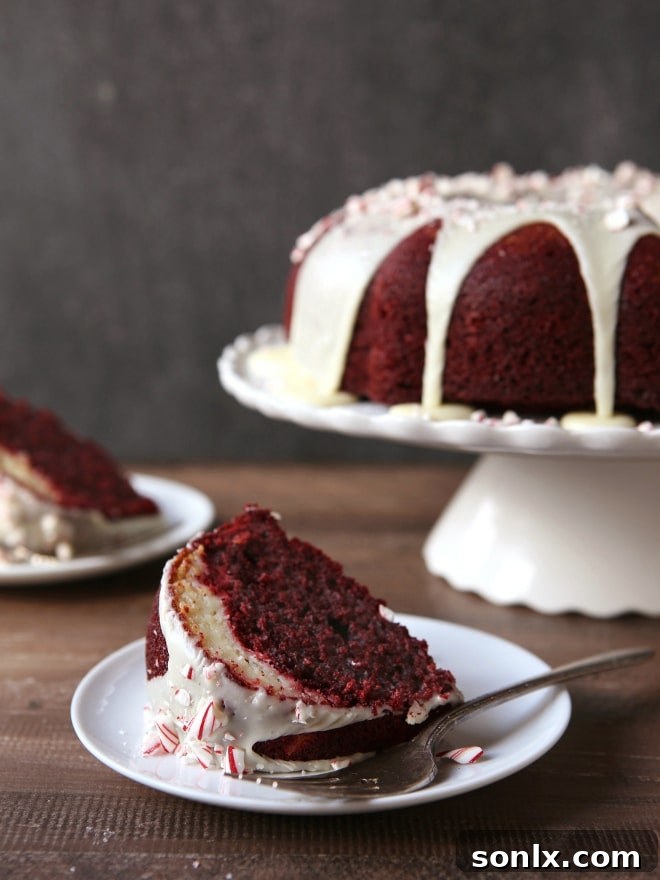Close-up of the delicious Peppermint Red Velvet Bundt Cake ready to be served