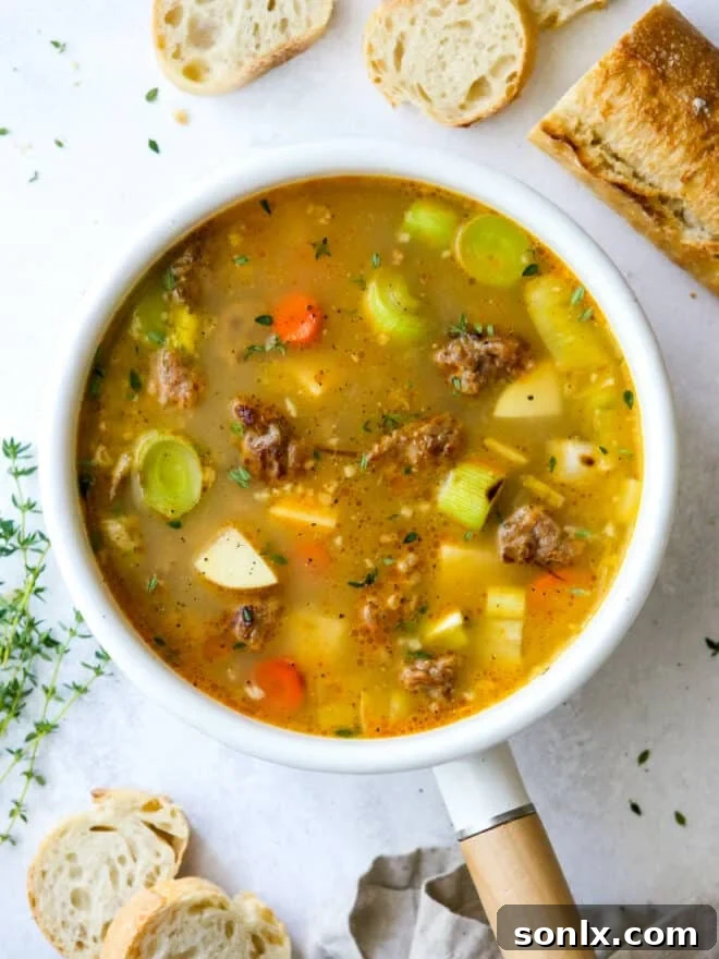 potato leek and italian sausage soup in a pot