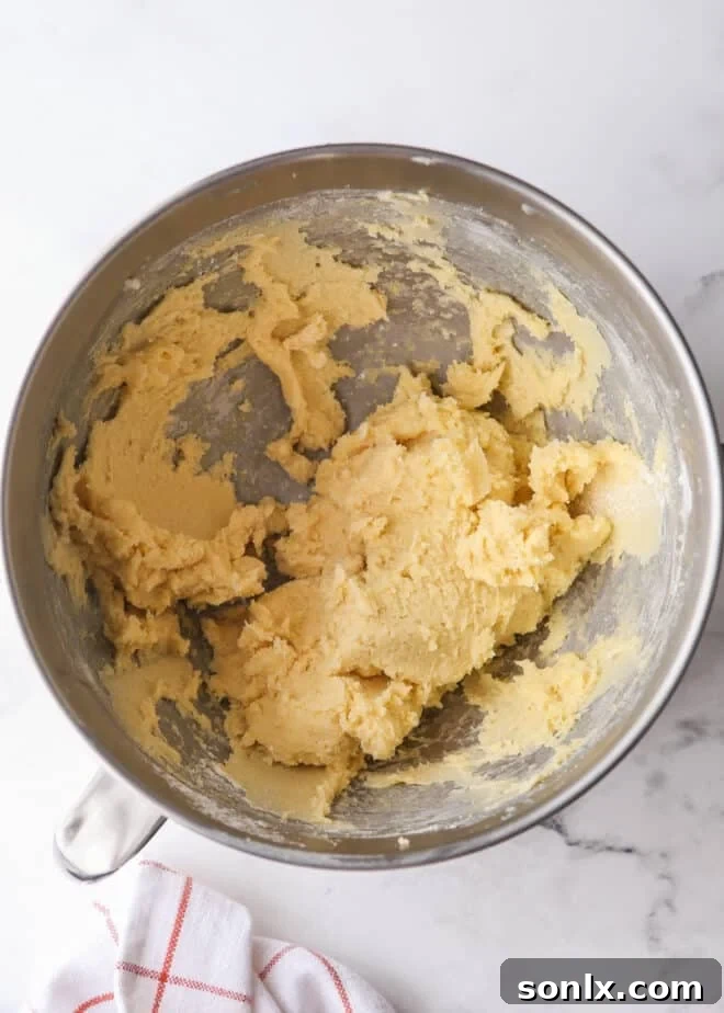 Soft, buttery spritz cookie dough in a mixer bowl, perfectly prepared for pressing into festive shapes.