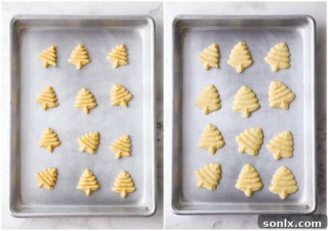 Spritz cookies on a baking sheet, showing a side-by-side comparison before and after baking, highlighting their shape retention.