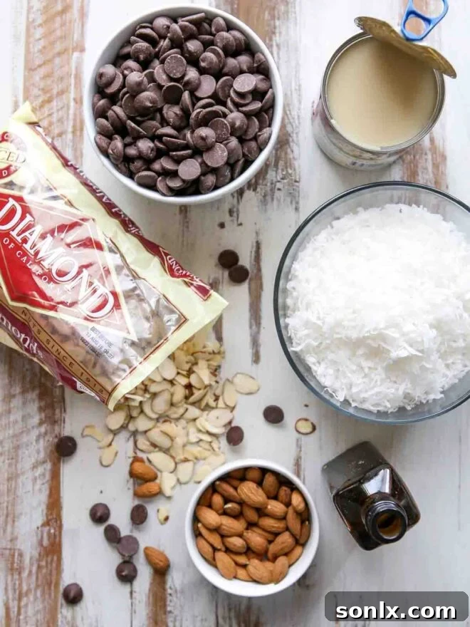An array of fresh ingredients for coconut almond fudge, including chocolate chips, condensed milk, coconut, and whole almonds.