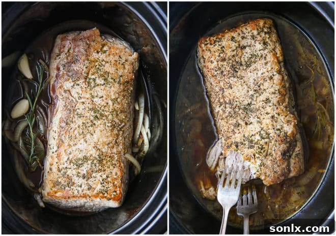slow cooker rosemary balsamic pork roast before and after cooking
